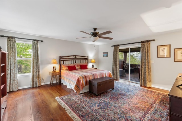 bedroom with access to outside, baseboards, ceiling fan, and wood finished floors