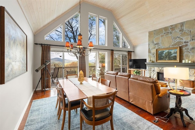 dining area with wood finished floors, wooden ceiling, baseboards, high vaulted ceiling, and an inviting chandelier