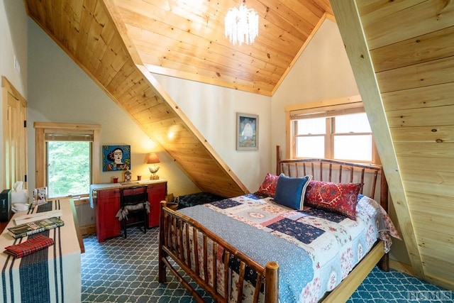 bedroom with dark carpet, lofted ceiling, and wooden ceiling