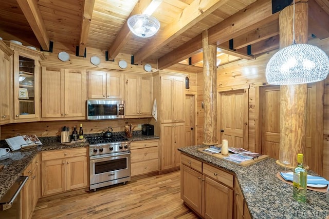 kitchen with light wood-type flooring, beamed ceiling, stainless steel appliances, wooden ceiling, and light brown cabinetry