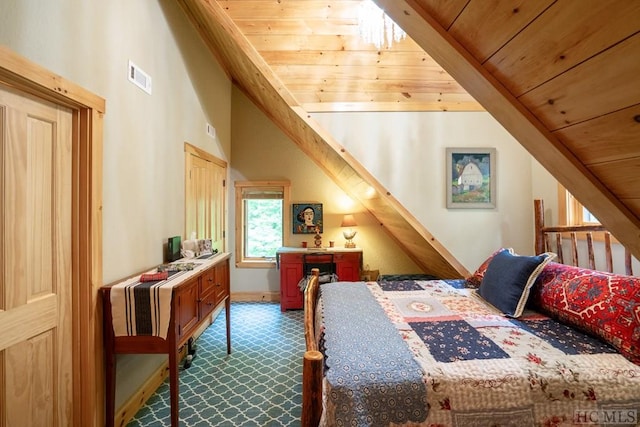 bedroom featuring carpet, lofted ceiling, and wooden ceiling