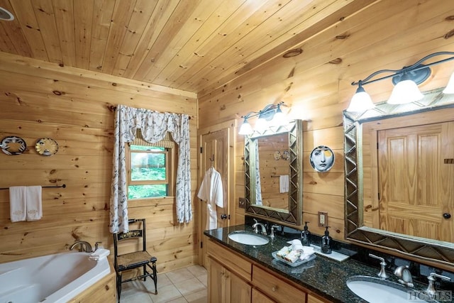 bathroom featuring tile patterned floors, vanity, wood walls, a tub, and wood ceiling