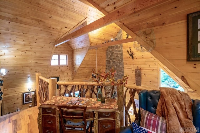 interior space with wooden walls, lofted ceiling with beams, and wood ceiling