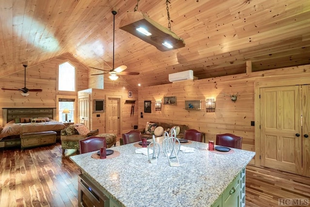 kitchen featuring a wall unit AC, wooden ceiling, a center island, and decorative light fixtures