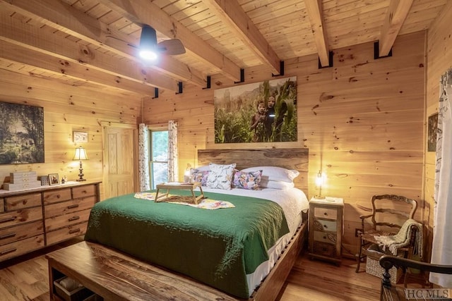 bedroom featuring hardwood / wood-style flooring, beamed ceiling, wooden ceiling, and wood walls