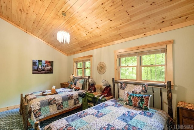 carpeted bedroom with vaulted ceiling, wood ceiling, and a notable chandelier