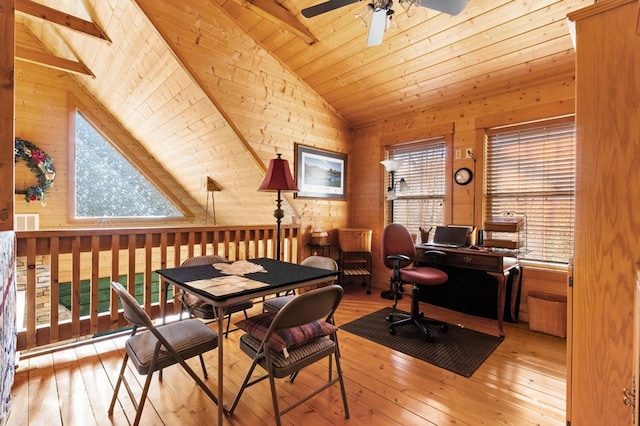 office featuring light wood-type flooring, wooden ceiling, plenty of natural light, and lofted ceiling