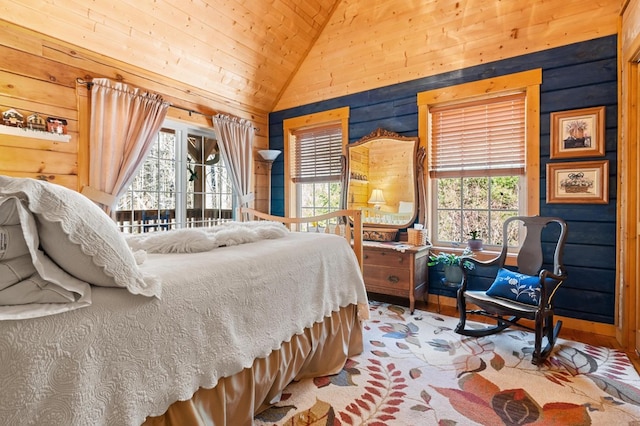 bedroom featuring lofted ceiling and wood walls