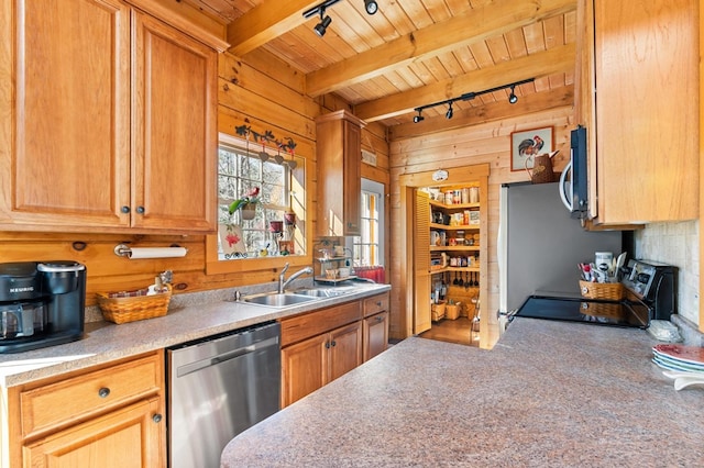 kitchen featuring appliances with stainless steel finishes, wood walls, wooden ceiling, beamed ceiling, and sink