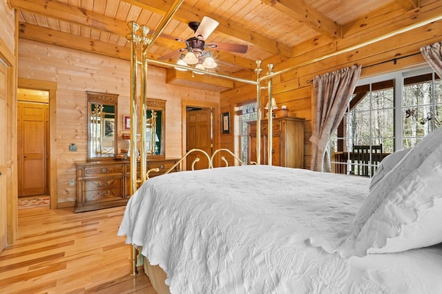 bedroom featuring hardwood / wood-style floors, access to exterior, beamed ceiling, wooden walls, and wood ceiling