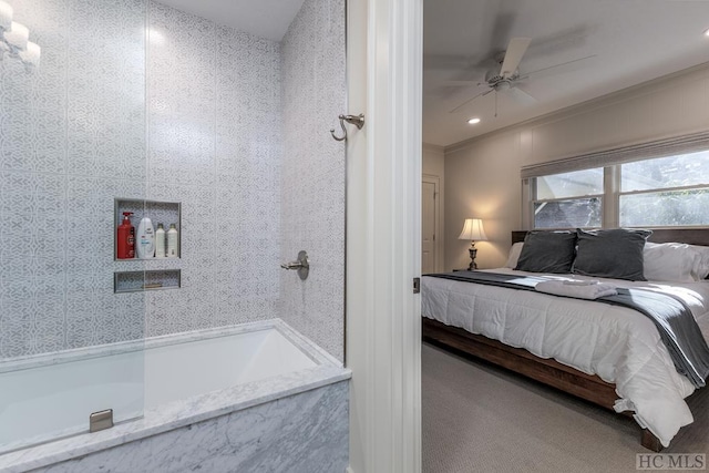 unfurnished bedroom featuring recessed lighting, a ceiling fan, ornamental molding, and carpet flooring