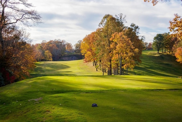 surrounding community featuring view of golf course, a yard, and view of scattered trees