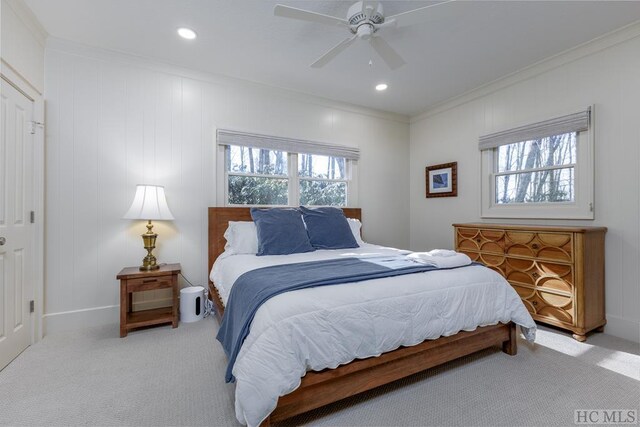 bedroom featuring ornamental molding, carpet flooring, recessed lighting, and ceiling fan