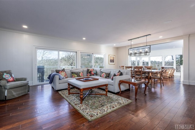 living room featuring dark wood-type flooring and crown molding