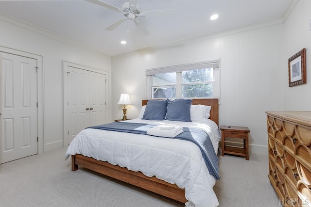 carpeted bedroom featuring recessed lighting, ceiling fan, and ornamental molding