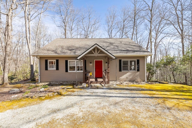 view of front facade featuring roof with shingles and driveway