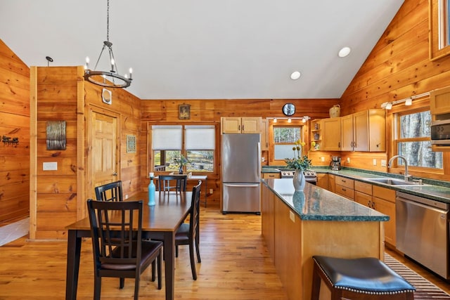 kitchen featuring plenty of natural light, vaulted ceiling, stainless steel appliances, and a sink