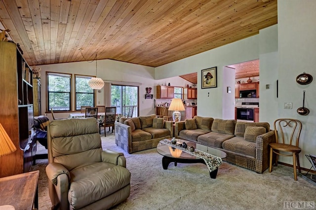 carpeted living room with vaulted ceiling and wooden ceiling