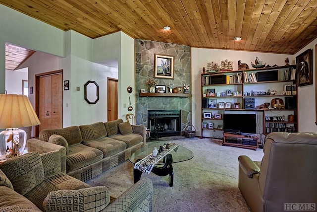 living room with wood ceiling, carpet flooring, vaulted ceiling, and a stone fireplace