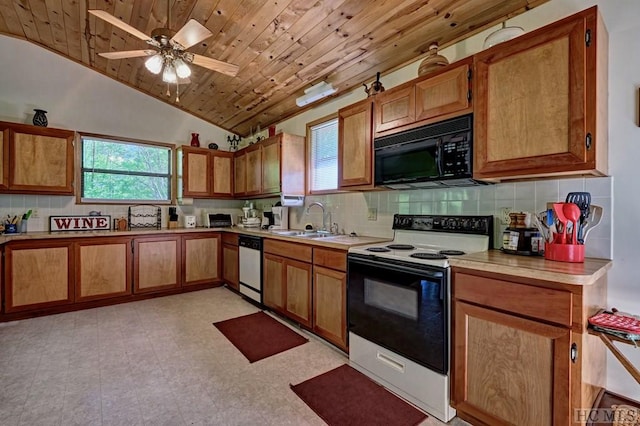 kitchen featuring range with electric stovetop, lofted ceiling, sink, stainless steel dishwasher, and wood ceiling