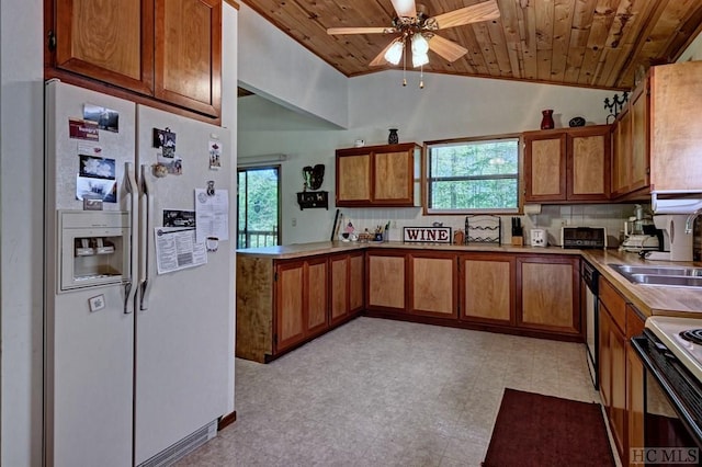 kitchen featuring range with electric cooktop, lofted ceiling, sink, white fridge with ice dispenser, and wood ceiling