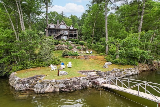 421 Easter Ln, Cullowhee, NC 28723 - dock featuring a water view, a yard, and stairway