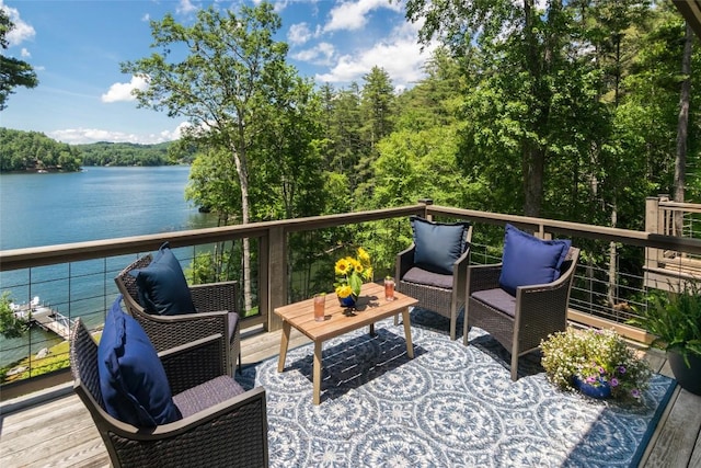 421 Easter Ln, Cullowhee, NC 28723 - deck featuring a water view, outdoor lounge area, and a wooded view