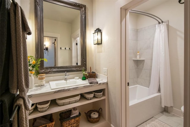 421 Easter Ln, Cullowhee, NC 28723 - bathroom with tile patterned floors, vanity, and shower / tub combo with curtain