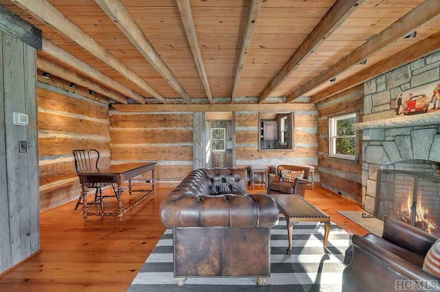 living room featuring a fireplace, wooden walls, wooden ceiling, and beamed ceiling