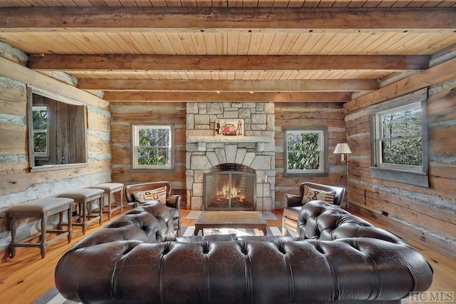 living room featuring wood ceiling, beam ceiling, and a fireplace