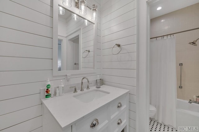 full bathroom with toilet, vanity, shower / bathtub combination with curtain, and wood walls