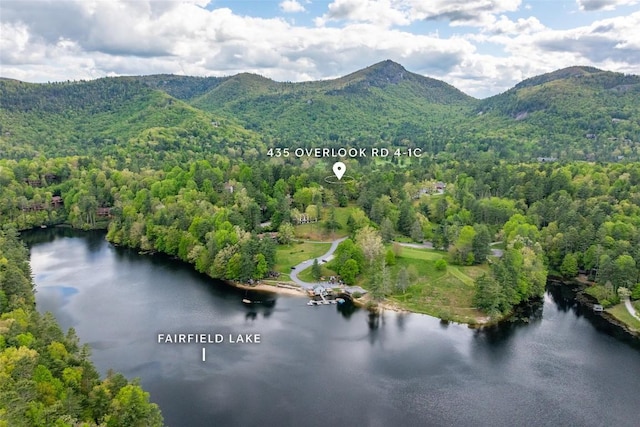 drone / aerial view featuring a water and mountain view and a view of trees