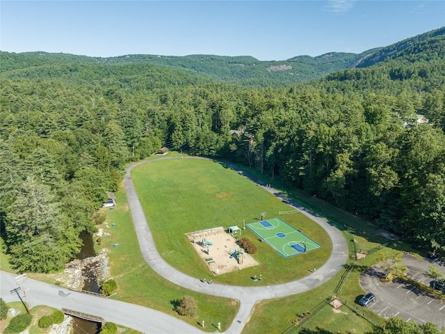 birds eye view of property featuring a forest view and a mountain view