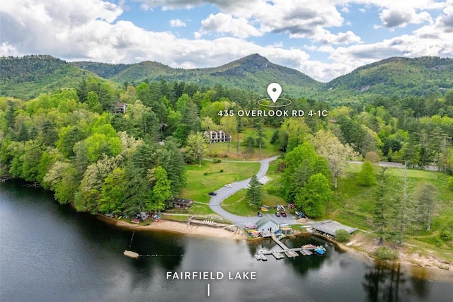 birds eye view of property featuring a forest view and a water and mountain view