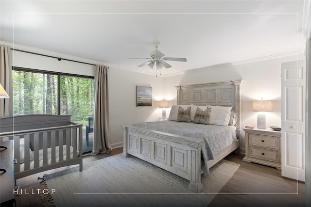 bedroom with access to outside, wood finished floors, and ornamental molding