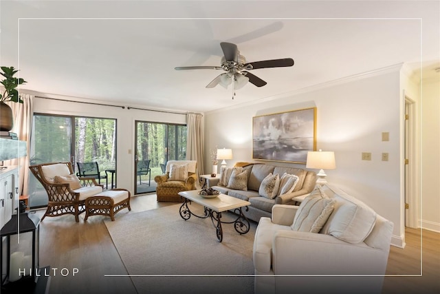 living area with baseboards, ceiling fan, crown molding, and wood finished floors