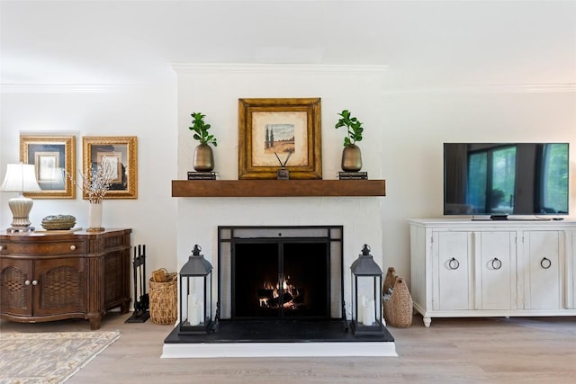 interior space with crown molding, a lit fireplace, and wood finished floors
