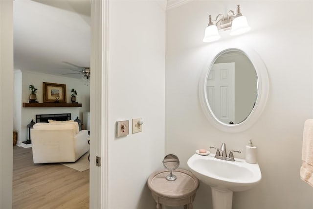 bathroom featuring a sink, wood finished floors, a fireplace, crown molding, and a ceiling fan