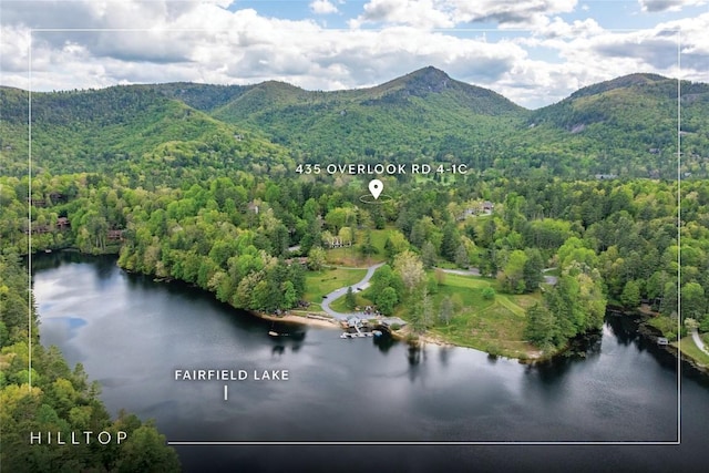 drone / aerial view with a water and mountain view and a view of trees
