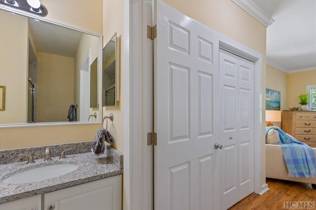 bathroom featuring wood-type flooring, ornamental molding, and vanity