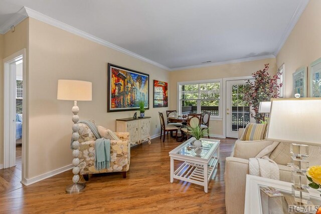 living room featuring hardwood / wood-style flooring and crown molding