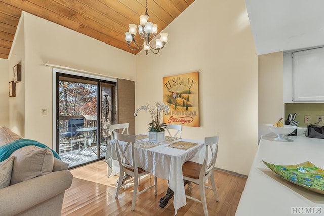 dining room with light hardwood / wood-style flooring, wood ceiling, and vaulted ceiling