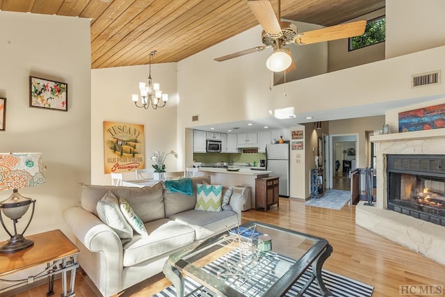 living room with wooden ceiling, a fireplace, light wood-type flooring, and a high ceiling