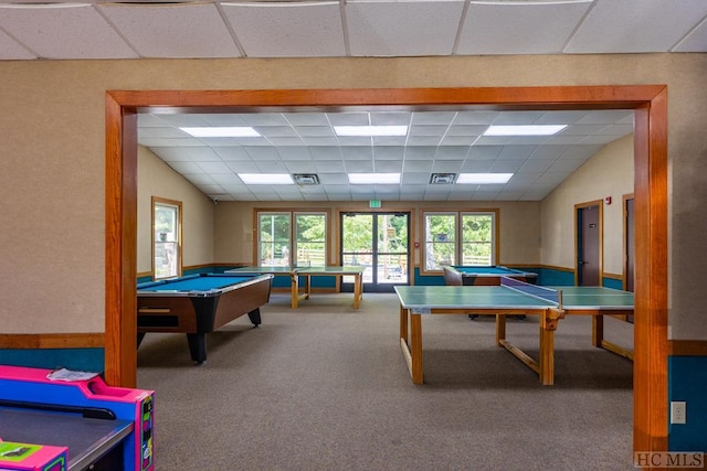 game room featuring pool table, carpet flooring, and a drop ceiling