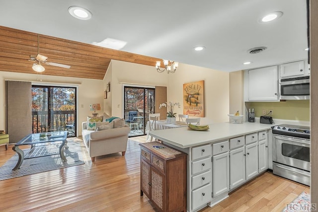 kitchen featuring stainless steel appliances, white cabinets, and light wood-type flooring