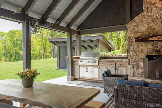 194 Redrock Trl, Glenville, NC 28736 - view of patio featuring an outdoor stone fireplace and area for grilling