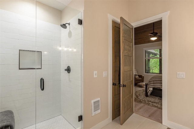 194 Redrock Trl, Glenville, NC 28736 - ensuite bathroom featuring a shower stall, visible vents, connected bathroom, and ceiling fan
