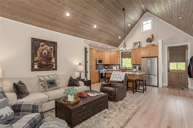 194 Redrock Trl, Glenville, NC 28736 - living room featuring a chandelier, light wood-style flooring, a healthy amount of sunlight, high vaulted ceiling, and wooden ceiling