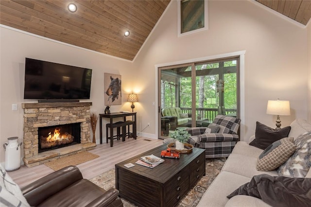 194 Redrock Trl, Glenville, NC 28736 - living room with a stone fireplace, recessed lighting, high vaulted ceiling, wooden ceiling, and wood finished floors