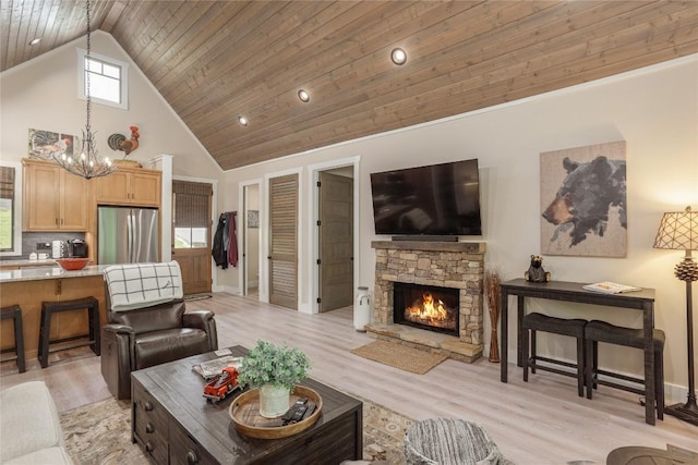194 Redrock Trl, Glenville, NC 28736 - living area with a chandelier, wood ceiling, high vaulted ceiling, and light wood finished floors